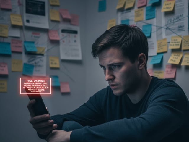 Hombre joven observa su celular con preocupación mientras en pantalla aparece un mensaje de advertencia de cobro. Detrás, una pared llena de notas adhesivas y documentos sugiere una situación de acoso o vigilancia. La imagen ilustra el impacto emocional del fraude digital por apps tipo montadeudas.