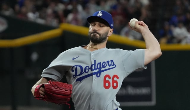 A medical issue has knocked Dodgers relief pitcher Tanner Scott out of the National League Division Series and the NL Championship Series if the Dodgers advance. Scott was taken off the roster before Game 4 of the NLDS on Thursday. (AP Photo/Rick Scuteri)