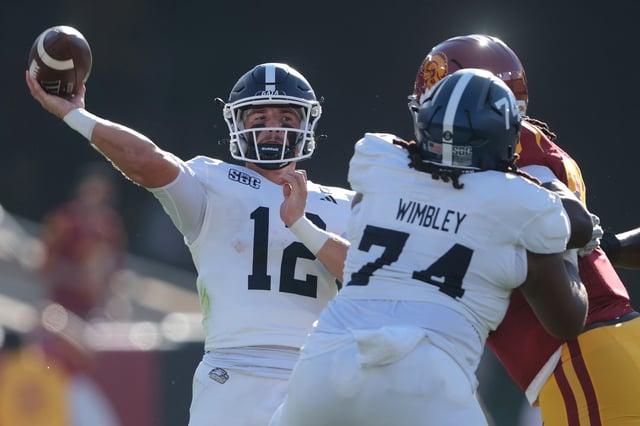 JC French IV #12 of the Georgia Southern Eagles passes the ball during the first half of a game against the USC Trojans at Los Angeles Memorial Coliseum on September 06, 2025 in Los Angeles, California.