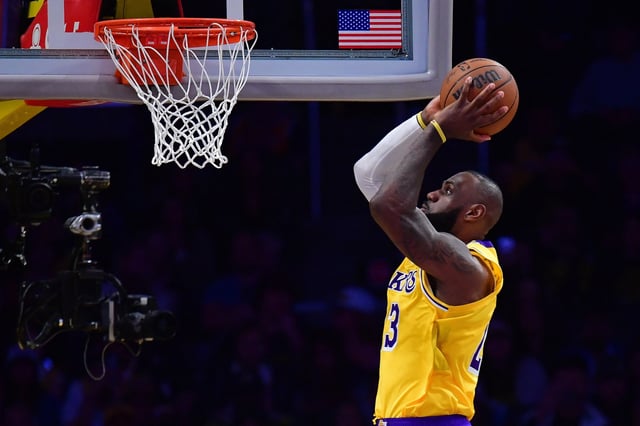Apr 30, 2025; Los Angeles, California, USA; Los Angeles Lakers forward LeBron James (23) moves in for the dunk against the Minnesota Timberwolves during the second half in game five of first round for the 2025 NBA Playoffs at Crypto.com Arena. Mandatory Credit: Gary A. Vasquez-Imagn Images/ File Photo
