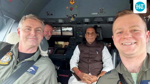 Defence Minister Rajnath Singh onboard KC-30A Royal Australian Air Force multirole tanker transport aircraft, witnessing air-to-air refuelling of F-35 while travelling from Sydney to Canberra, on Thursday. (@DefenceMinIndiaX)