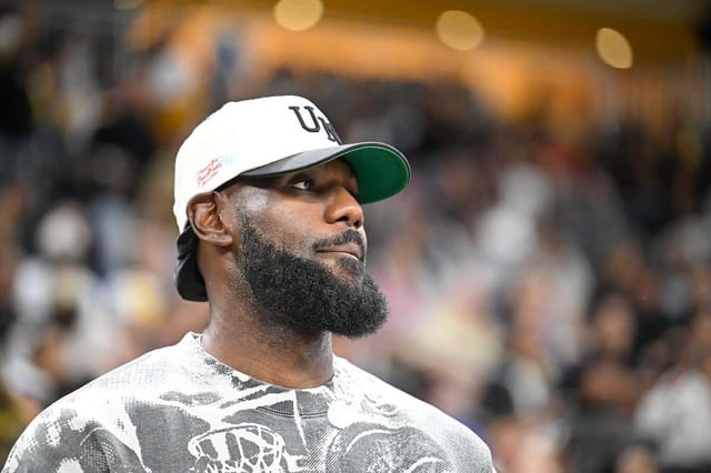 Oct 3, 2025; Palm Desert, California, USA; Lebron James looks on during the first half against the Phoenix Suns at Acrisure Arena. Mandatory Credit: Denis Poroy-Imagn Images