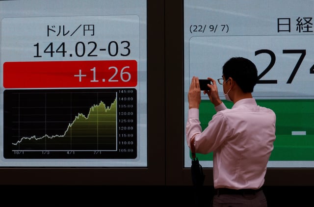 A man takes a photo of a board displaying the Japanese yen exchange rate against the U.S. dollar outside a brokerage in Tokyo, Japan September 7, 2022. REUTERS/Kim Kyung-Hoon
