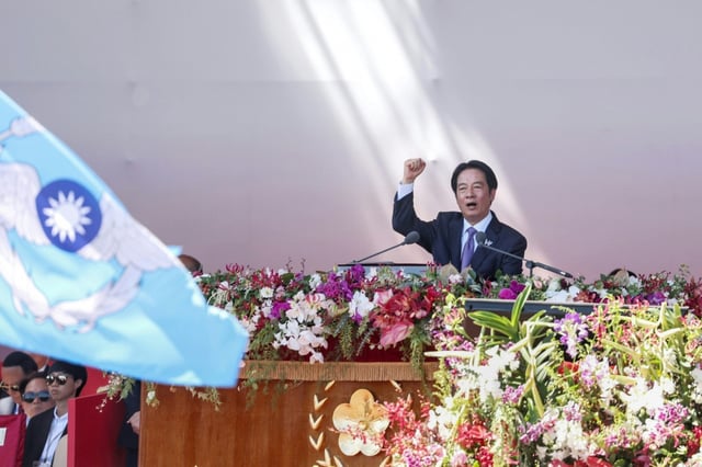 Taiwan's President Lai Ching-te gives a speech during National Day celebrations at the Presidential Palace in Taipei on October 10, 2025.