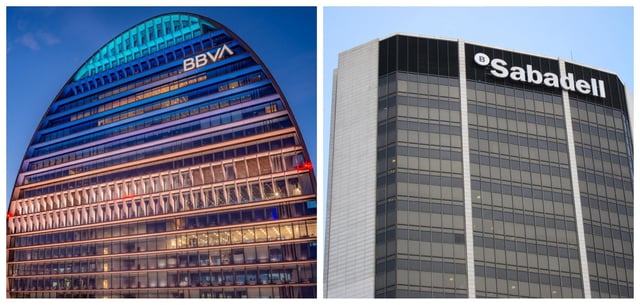 Sedes del BBVA y el Sabadell en Madrid y Barcelona.