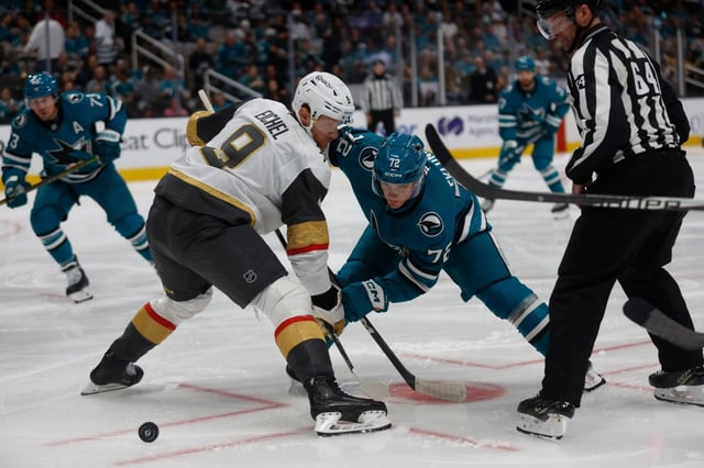 San Jose Sharks’ William Eklund (72) faces off against Vegas Golden Knights’ Jack Eichel (9) in the first period during the San Jose Sharks home opener at the SAP Center in San Jose, Calif., on Thursday, Oct. 9, 2025. (Shae Hammond/Bay Area News Group)