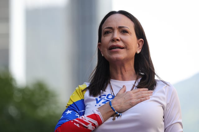 Opposition leader Maria Corina Machado gestures during an anti-government protest on 9 January, 2025 in Caracas, Venezuela. (Jesus Vargas/Getty Images)