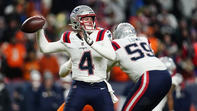 New England Patriots quarterback Bailey Zappe (4) throws during the second half of an NFL football game against the Denver Broncos, Sunday, Dec. 24, 2023, in Denver. (AP Photo/Geneva Heffernan)