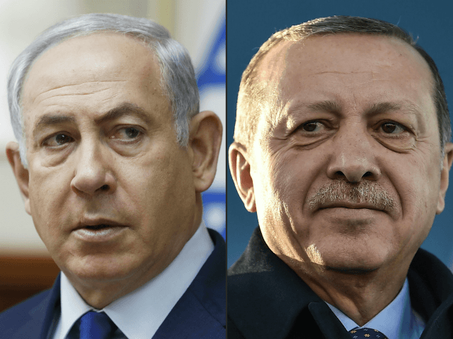 This combination of pictures created on April 1, 2018 shows a file photo taken on November 19, 2017 of Israel's Prime Minister Benjamin Netanyahu (L) attending the weekly cabinet meeting in Jerusalem and a file photo taken on December 15, 2017 of Turkish President Recep Tayyip Erdogan during the inauguration ceremony of Turkey's first automated urban metro line on the Asian side of Istanbul. Turkish President Recep Tayyip Erdogan accused Benjamin Netanyahu on April 1, 2018 of being 'a terrorist' after the Israeli prime minister rejected Ankara's 'moral lessons' over deadly clashes in Gaza. / AFP PHOTO / RONEN ZVULUN AND OZAN KOSE (Photo credit should read RONEN ZVULUN,OZAN KOSE/AFP/Getty Images)