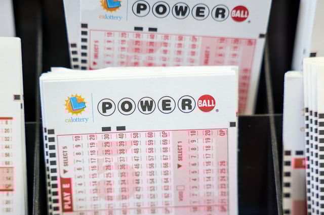 Powerball tickets on display at Blue Bird Liquor in Hawthorne, California, on October 10, 2023.