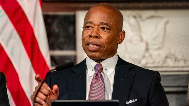 FILE – Mayor Eric Adams speaks during a press conference at City Hall in New York, Tuesday, Dec. 12, 2023.