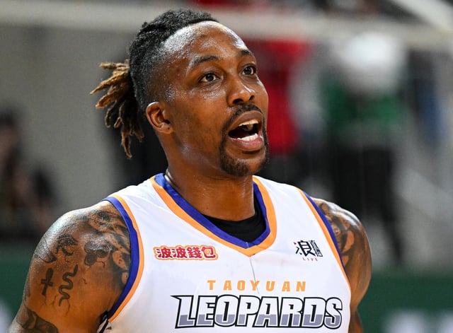 TAIPEI, TAIWAN - FEBRUARY 19: Center Dwight Howard #12 of the Taoyuan Leopards reacts at the court during the T1 League game between TaiwanBeer HeroBears and Taoyuan Leopards at University of Taipei Tianmu Gymnasium on February 19, 2023 in Taipei, Taiwan. (Photo by Gene Wang/Getty Images)