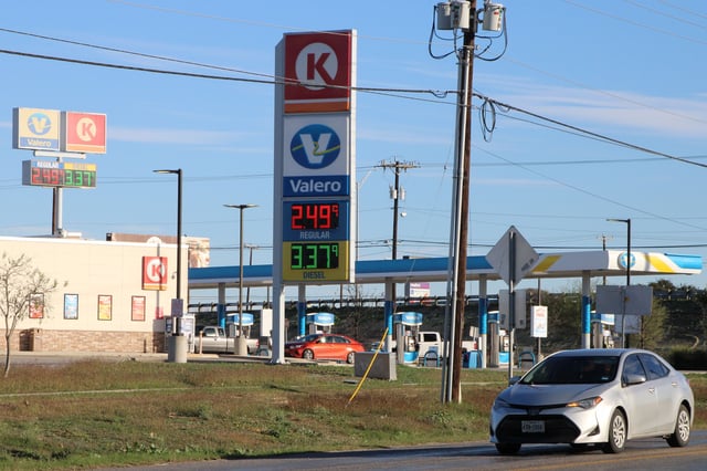 At a Circle K Valero gas station in San Antonio, Texas, unleaded gasoline was available for $2.49 a gallon on Christmas Day.