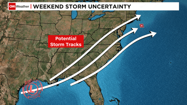 The exact track of the storm system, along with the availability of cold air, will determine who sees snow or rain. A track more to the north would bring snow more inland. If the storm tracks over the red point highlighted here and enough cold air is in place, it could trigger more snow along the Northeast's I-95 corridor. A more southerly track would reduce snow chances altogether.