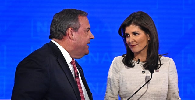 Two of the Republicans vying for the GOP presidential nomination are refusing to weigh in on a key culture-war moment — the governor of Ohio vetoing a bill protecting children from gender ideology. Pictured: former Governor of New Jersey Chris Christie and former Governor from South Carolina and UN ambassador Nikki Haley speak during a break in the fourth Republican presidential primary debate at the University of Alabama in Tuscaloosa, Alabama, on Dec. 6, 2023. (Photo: JIM WATSON/AFP/Getty Images)