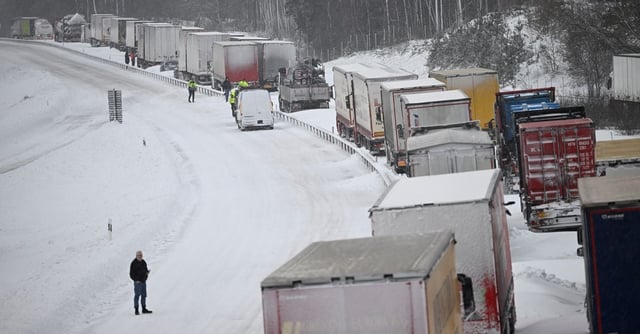 A number of trucks are stuck on the E22 at Linderod, southern Sweden, January 4, 2024. TT News Agency/ Johan Nilsson via REUTERS      