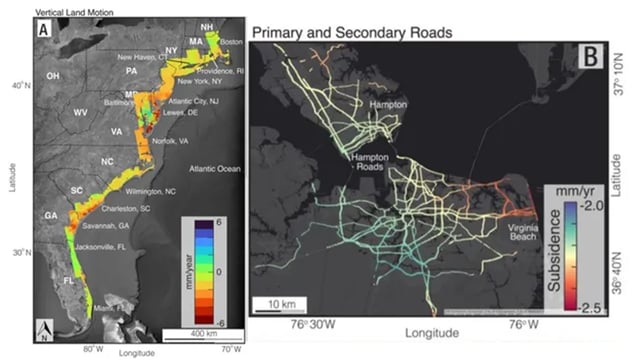 (Right) A map of vertical land motion on the East Coast; (Left) Primary, secondary, and interstate roads on Hampton Roads, Norfolk, and Virginia Beach, Virginia with red and yellow indicating areas of sinking.