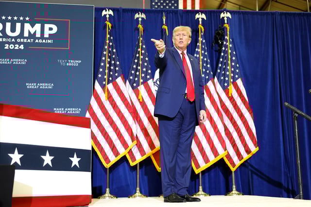 MASON CITY, IOWA - JANUARY 05: Republican presidential candidate, former U.S. President Donald Trump walks offstage after giving remarks at a campaign rally on January 05, 2024 in Mason City, Iowa. President Trump is campaigning across cities in Iowa in the lead up to the January 15 caucus for Iowa Republicans to select their party’s nominee for the 2024 presidential race (Photo by Anna Moneymaker/Getty Images)