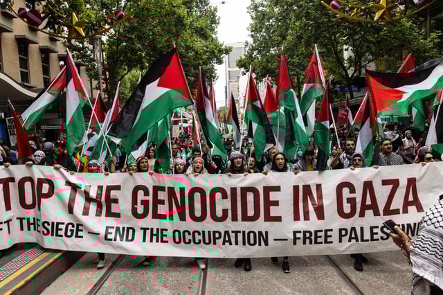 A protest calling for an end to the Israel-Gaza war in Melbourne last month. The new law also bans the public display of symbols associated with Hamas and other prohibited terror organisations. Photo: EPA-EFE