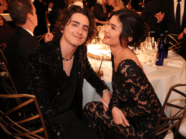 Timothée Chalamet (left) and Kylie Jenner at the 81st Golden Globe Awards held at the Beverly Hilton Hotel on January 7, 2024 in Beverly Hills, California.