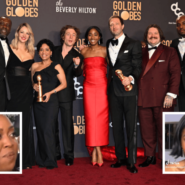 Main image, from left to right: Edwin Lee Gibson, Abby Elliott, Liza Colon-Zayas, Jeremy Allen White, Ayo Edebiri, Ebon Moss-Bachrach, Matty Matheson and L-Boy pose in the press room during the 81st annual Golden Globe Awards on January 7, 2024. Inset left: Quinton Brunson. Inset right: Ayo Edebiri. "The Bear" won the award for Best Television Series - Musical or Comedy at last night's ceremony, but reporters seemed to be more interested in star Jeremy Allen-White's recent ad campaign for Calvin Klein.