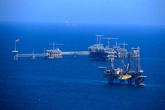 The Aramco (Saudi national oil company) offshore oil rig "Marjan 2" in the Persian Gulf on March 2003 in Persian Gulf, Saudi Arabia.