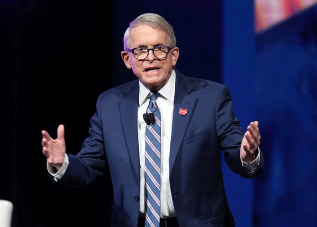 FILE – Ohio Gov. Mike DeWine speaks Jan. 21, 2022, in Newark, Ohio. DeWine won high marks early in the pandemic with his stay-at-home mandates. But now Mike DeWine is facing backlash for those moves from his party’s far-right faithful as he runs for a second term. (AP Photo/Paul Vernon, File)