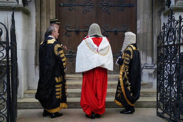 The new Lord Chancellor Dominic Raab (left) alongside Lord Chief Justice Lord Thomas (centre) and Master of the Rolls Sir Geoffrey Vos (right), at the Judge's entrance to the Royal Courts of Justice, in central London ahead of his swearing in ceremony as Lord Chancellor, Thursday September 23, 2021.