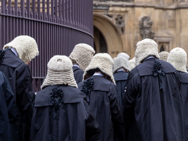 Judges and members of the King's Counsel wearing ceremonial dress leave Westminster Abbey after the traditional annual service on the 2nd of October 2023 to mark the start of the new legal year, they then head into the Palace of Westminster for a reception hosted by the Lord Chancellor, London, United Kingdom. The start of the legal year in England and Wales is marked with a religious service inside Westminster Abbey, judges arrive from the Royal Courts of Justice. (photo by Andrew Aitchison / In pictures via Getty Images)