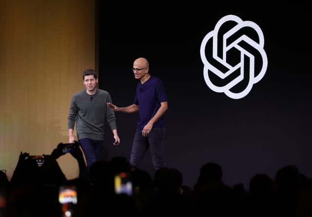 SAN FRANCISCO, CALIFORNIA - NOVEMBER 06: Microsoft CEO Satya Nadella (R) greets OpenAI CEO Sam Altman during the OpenAI DevDay event on November 06, 2023 in San Francisco, California. Altman delivered the keynote address at the first-ever Open AI DevDay conference.