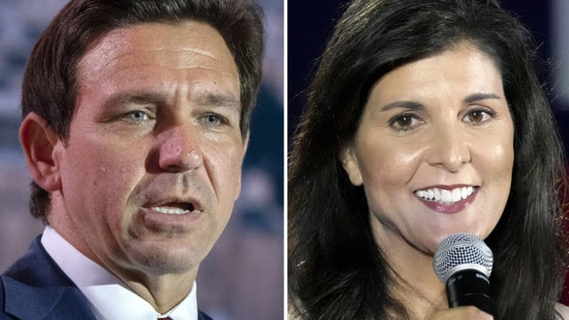 FILE - This combination of photos shows Republican presidential candidates, Florida Gov. Ron DeSantis, and former South Carolina UN Ambassador Nikki Haley. The fifth Republican presidential debate of the 2024 election season will also be its first head-to-head matchup. Florida Gov. Ron DeSantis and former United Nations Ambassador Nikki Haley are the only candidates taking part in Wednesday night’s debate in Iowa. (AP Photo, File)