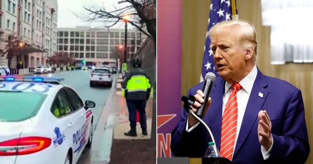 The scene outside a Washington, D.C., courthouse where unidentified journalists were recorded Tuesday joking about a potential assassination of former President Donald Trump, left. Right, Trump is pictured speaking at a campaign event Saturday in Des Moines, Iowa. (New York Post / YouTube screen shot; Anna Moneymaker / Getty Images)