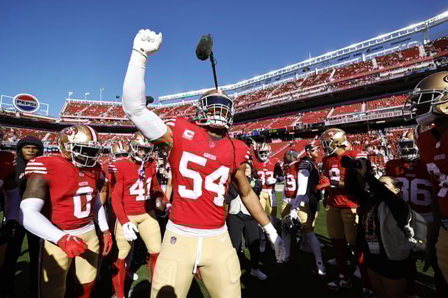 Fred Warner of the San Francisco 49ers fires up the team before the game against the Los Angeles Rams at Levi's Stadium in Santa Clara, Calif., on Jan. 7, 2024