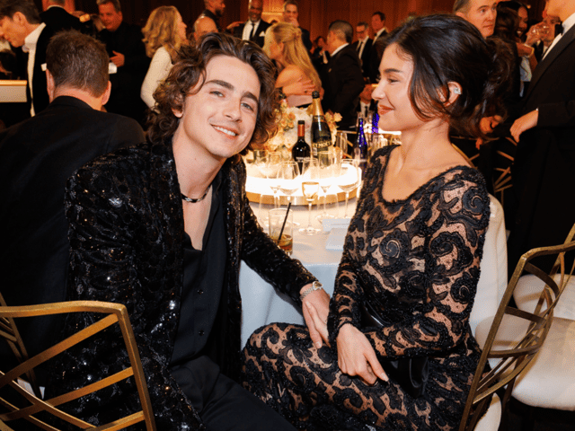 Timothée Chalamet and Kylie Jenner at the 81st Golden Globe Awards held at the Beverly Hilton Hotel on January 7, 2024 in Beverly Hills, California. The couple began dating in 2023 and looked loved-up at the Golden Globes on Sunday night.
