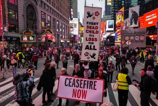 People in New York City demonstrate for a ceasefire in Gaza on December 28. The Anti-Defamation League included more than 1,300 rallies in its tally of antisemitic incidents since Oct. 7, although many of those appear to be anti-Zionist events rather than the overt forms of antisemitism the organization has historically documented.