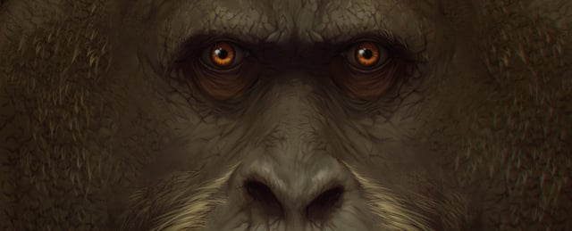 Artist illustration of great ape with orange-yellow eyes and flaring nostrils.