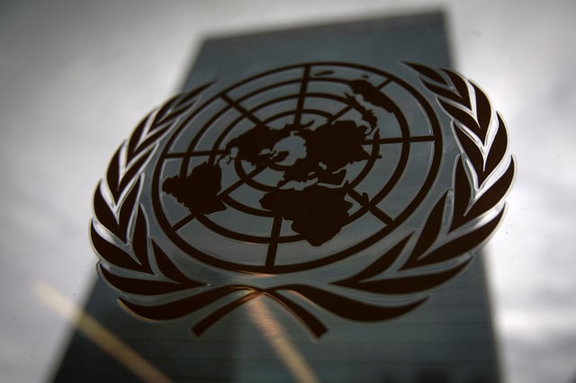 The UN logo at its headquarters in New York.