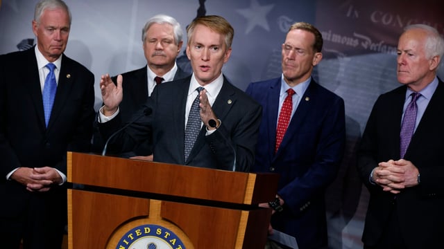 Sen. James Lankford, R-Okla., flanked by other Senate Republicans