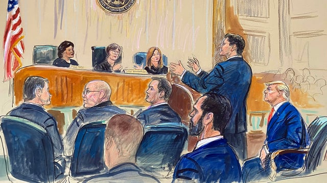 This artist sketch depicts former President Donald Trump, seated right, listening as his attorney D. John Sauer, standing, speaks before the D.C. Circuit Court of Appeals at the federal courthouse, Tuesday, Jan. 9, 2024 in Washington. (Dana Verkouteren via AP)