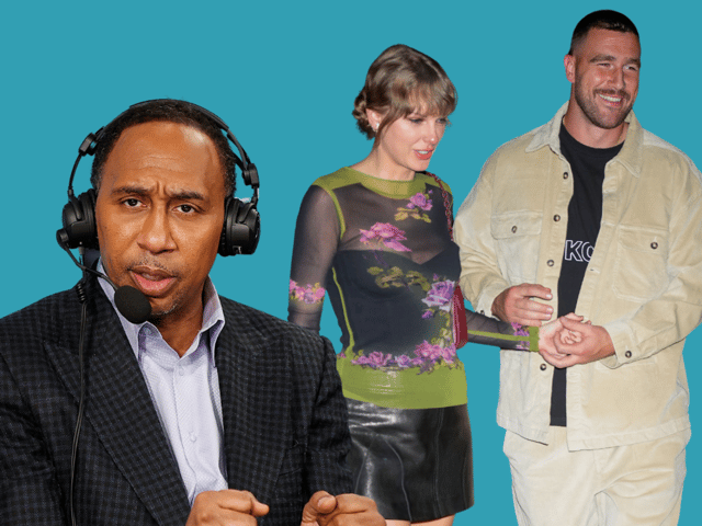 (LEFT) Stephen A. Smith speaks on radio row ahead of Super Bowl LVII on February 9, 2023 in Phoenix, Arizona. (RIGHT) Taylor Swift and Travis Kelce have dinner at Waverly Inn on October 15, 2023 in New York City. Smith defended Swift's attendance at Kelce's NFL games.