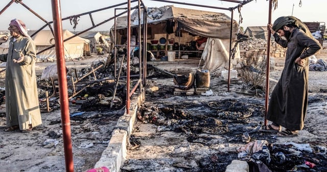 A destroyed tent can be seen as a result of a missile attack targeted a camp for displaced people on the outskirts of Idlib city by the Syrian government. © 2023 Anas Alkharboutli/picture-alliance/dpa/AP Images