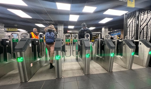 A new style of a turnstile is seen at a Queens subway station.