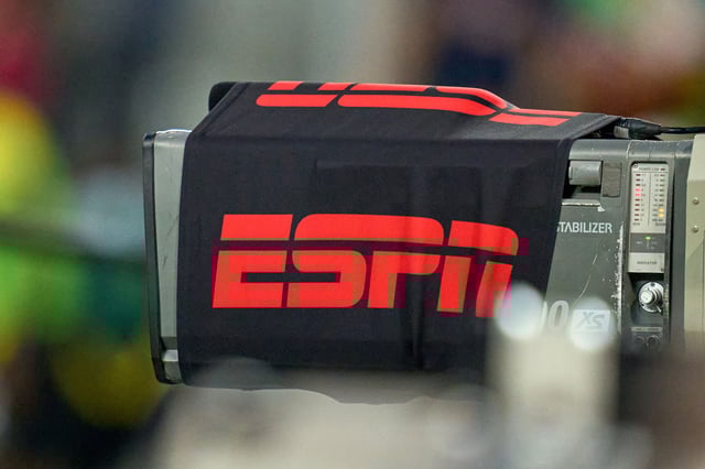 A detail view of an ESPN logo is seen on a broadcast tv camera during a CONCACAF World Cup qualifying match between the United States and Jamaica on October 07, 2021 at Q2 Stadium in Austin, TX.