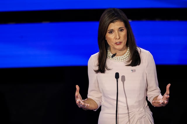 Former U.S. Ambassador to the United Nations Nikki Haley speaks during the Republican presidential debate hosted by CNN at Drake University in Des Moines, Iowa, U.S. January 10, 2024. Credit: REUTERS/Mike Segar