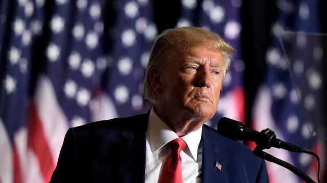 FILE – Former President Donald Trump speaks during a rally, July 7, 2023, in Council Bluffs, Iowa. Former President Donald Trump’s decision to back out of Fox News’ first GOP primary debate this week likely costs the network a chance at a very large audience for the end of summer. It also tests the network’s ability to pivot yet again after what has been a tough year, paying $787 million to settle a defamation lawsuit just as a trial was to begin, and firing popular personality Tucker Carlson shortly after the settlement. (AP Photo/Charlie Riedel, File)