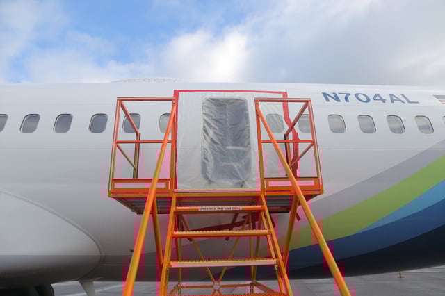 The FAA is investigating an incident in which an Alaska Airlines Boeing 737 Max 9 lost a door plug in flight. [Courtesy: NTSB]