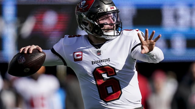 Tampa Bay Buccaneers quarterback Baker Mayfield (6) works in the pocket against the Carolina Panthers during the first half of an NFL football game, Sunday, Jan. 7, 2024, in Charlotte, N.C. (AP Photo/Erik Verduzco)