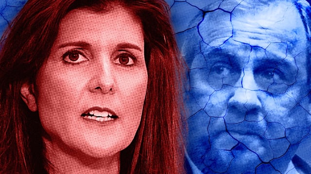 Cutout of former U.N. Ambassador Nikki Haley overlaid in front of a crumbled photo of former NJ Gov. Chris Christie. Christie’s decision to drop out less than a week before the Iowa caucus is the latest development to boost Nikki Haley as she looks to consolidate support heading into New Hampshire.