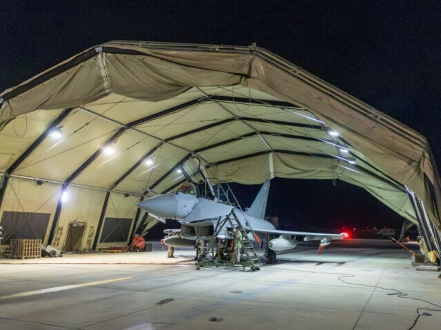AKROTIRI, CYPRUS - JANUARY 12: In this handout image provided by the UK Ministry of Defence, an RAF Typhoon aircraft returns to berth following a strike mission on Yemen's Houthi rebels at RAF Akrotiri on January 12, 2024 in Akrotiri, Cyprus. On Thursday evening, four RAF Typhoons launched from RAF Akrotiri to conduct strikes against Yemen's Houthi rebels, who have been targeting merchant vessels in the Red Sea and Gulf of Aden with missiles and drones. According to British Prime Minister Rishi Sunak, the strikes were done to protect global shipping in the region. (Photo by MoD Crown Copyright via Getty Images)