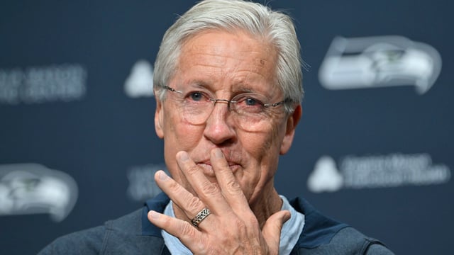 RENTON, WASHINGTON - JANUARY 10: Former Seattle Seahawks head coach Pete Carroll pauses as he speaks at the Seattle Seahawks press conference at Virginia Mason Athletic Center on January 10, 2024 in Renton, Washington. (Photo by Alika Jenner/Getty Images)